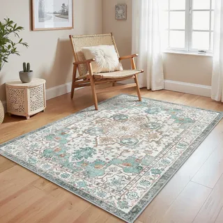 GENIMO Vintage Wohnzimmer Türkis Teppich 120x170cm Waschbar & rutschfest | Waschbarer Retro Teppich,Weich,Rutschfest Kurzflor,für Wohnzimmer,Schlafzimmer, Esszimmer,Büro,Carpet,Teppiche