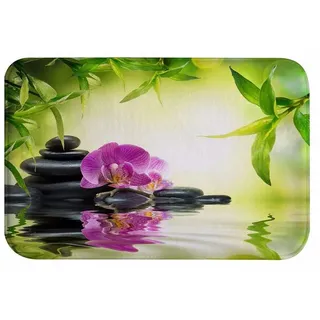 A.Monamour Badematten Badteppiche Badvorleger Yoga Meditation Zen Grün Pflanzen Orchidee Blume Felsen Steine Natur Landschaft Weiche Flanell Bad Teppich Boden Matten Für Wohnzimmer Dekorationen