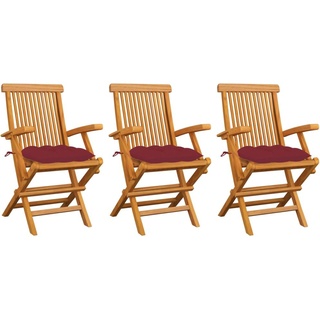 CLORIS- Gartensessel Terrasse - Gartenstühle mit Weinroten Kissen 3er Set Stilvoll Garden Chair - Esszimmerstühle Armlehnstuhl - Massivholz Teak ...