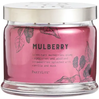 PartyLite Maulbeere Duftkerze, Noten von sauren schwarzen Johannisbeeren, süßen Brombeeren, saftigen Maulbeeren & Juwelen aus Granatapfel, 375 g 3-Docht- Glaskerze, 45 Stunden Brenndauer, luxuriöser