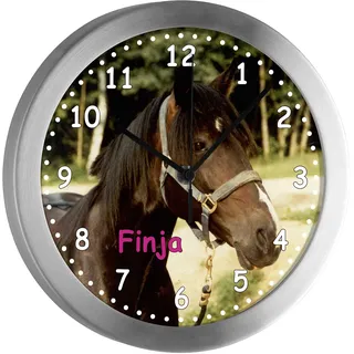 CreaDesign Kinder Funkwanduhr mit (Wunsch) Namen | Kinderzimmer Funkuhr| mit Analog ? Ziffernblatt | geräuscharm | Wanduhr Kind | Motiv Pferd Original