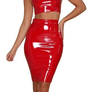 SamHeng Damen PU Leder Bleistift Rock - Glänzend Metallisch Nasse Look Bodycon Midi High Taille für Party Sexy Büro Clubwear Kleid - L