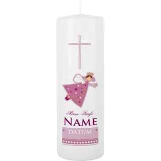 Striefchen® Taufkerze rosa für Mädchen mit Schutzengel inkl. Gratis Beschriftung 25 x 8 cm