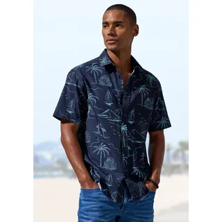 Hawaiihemd JOHN DEVIN "- Kurzarmhemd mit kontrastfarbigem Palmen Druck", Herren, Gr. 4XL, N-Gr, blau (navy), Web, Obermaterial: 100% Baumwolle, bedruckt, regular fit normal, ohne Ausschnitt, abgesteppte Kante, Hemden Hawaiihemd, Freizeithemd bis Größe 5XL