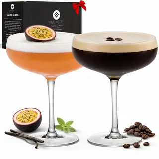 Vemacity Elegante Espresso Martini Gläser| Handgefertigte Cocktailgläser Set | Ideal Champagner Schalen und Champagner Gläser (2er Set Martini Coupe, 300ml)