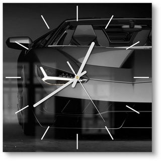 DEQORI Wanduhr 'Vorderansicht Sportwagen' (Glas Glasuhr modern Wand Uhr Design Küchenuhr) schwarz 30 cm x 30 cm