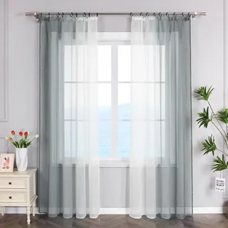 ESLIR Gardinen mit Kräuselband Vorhänge Gardinenschals Transparent Stores Gardinen Farbverlauf Voile Grau BxH 140x175cm 2 Stück