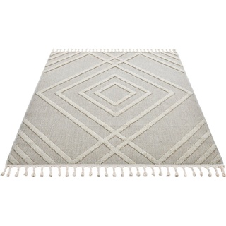 Teppich »Chirssina«, Leonique, rechteckig, Höhe: 18 mm, Hoch-Tief-Struktur, Woll-Look, Boho, mit Fransen, Rauten-Muster beige 200 cm x 300 cm x 18 mm
