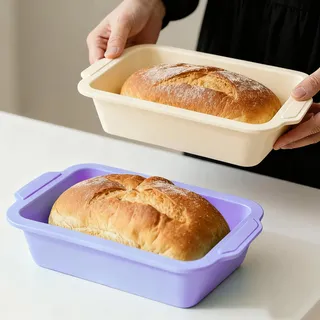 Toeusog 2-Stück Silikon Brotbackform Kasten: Kastenform mit Metallrahmen 29.6x15.5x6.6cm - Antihaft Backform Rechteckig für Brot Backen - Brotform zum Kuchen/Toastbrot (Lila & Beige)