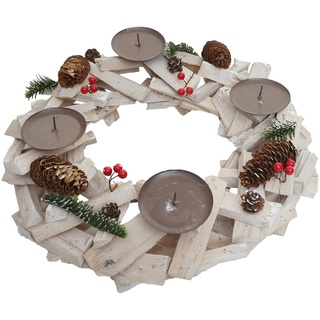 Mendler Adventskranz rund, Weihnachtsdeko Tischkranz, Holz Ø 40cm weiß-grau ~ ohne Kerzen