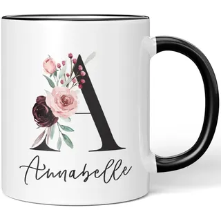 JUNIWORDS Tasse, Annabelle, Name Anfangsbuchstabe Initial Alphabet Floral Buchstabe A Monogramm Motiv, Schwarz (5555772)