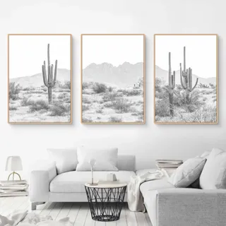 Ueiwffzo 3er Poster Set Wandbilder Wohnzimmer, Ungerahmte Schwarz Weiß Kaktus Wüste Bilder Wand Deko, Einfache Wandbild Kunstdruck Wanddeko für Wohnzimmer Flur (50 x 70 cm)