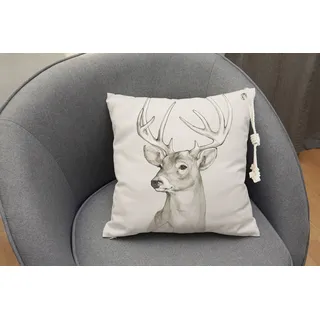 Dekokissen QUEENCE "Hirsch", weiß (weiß, bedruckt gemustert), B:50cm L:50cm, Baumwolle, Polyester, Dekokissen_Sitzkissen_Kissenhüllen, Outdoor-Kissen mit Öse und dicker Stoffkordel