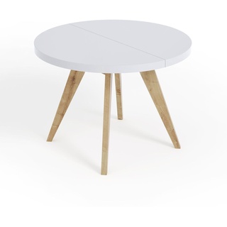 Runder Ausziehbarer Tisch für Esszimmer, LORA, Loft-Stil, Skandinavische, Durchmesser: 100 / 150 cm, Farbe: Weiss / Buche Natur