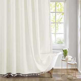ANAZOZ Badevorhang 180x200, Duschvorhang Antischimmel Waschbar Duschvorhänge Polyester und Leinen Uni Weiß mit Quaste