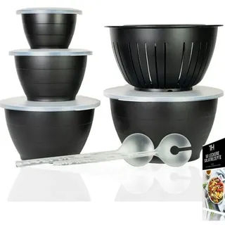 Thiru Salatschüssel 6 Teilig 0,6L/1,3L/2,5L/4,4L - mit Deckel, Seiher, Salatbesteck, (6-tlg), Spülmaschinenfest schwarz
