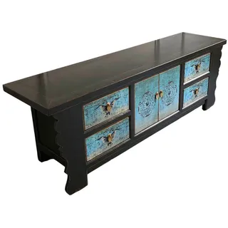 OPIUM OUTLET Kommode Kommode Schrank TV Asia Kommode Sideboard (schwarz-türkis, Breite x Tiefe x Höhe: 177 x 45 x 60 cm, Möbel komplett montiert, Hochzeitsschrank Vintage Landhaus-Stil), asiatisch chinesisch orientalisch fernöstlich schwarz