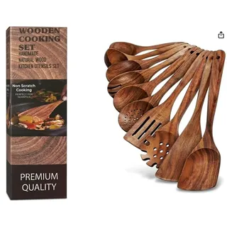 10-tlg. Kochlöffel Set Teakholz – Küchenutensilien & Pfannenwender Holz, Hitzebeständig & Antihaft, Nachhaltiges Kochbesteck Geschenk für Hobbyköche