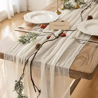 FOLAI Boho Tischläufer aus Käsetuch Table Runner Table Cloth – Rustikale Hochzeitstischdeko für Brautdusche, Geburtstag & Feiern (90x300cm) – Öko-Baumwolle & Wiederverwendbar(Cremefarben)