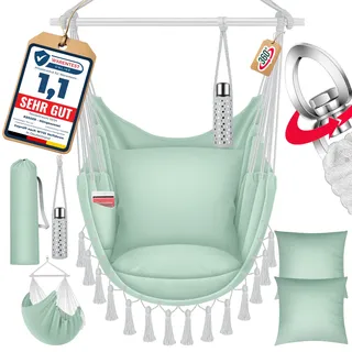 KESSER® Hängesessel Safari XXL Hängestuhl für Erwachsene & Kinder Hängematte bis 150 kg Hängesitz Aufhängung Indoor-Outdoor-Wohnen Inkl. Tragetasche, 2 Kissen, Getränkehalter & Bücherfach, Hellgrün