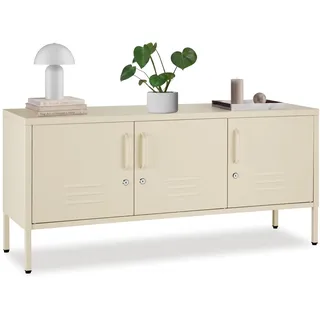 tectake® Metall Sideboard, 120x37,5x55,5cm, mit Magnetverschluss, 3 Türen abschließbar, Verstellbarer Boden, Kommode mit Kabelführung, Anrichte, Kippschutz, Aufbewahrung, Schrank, Stauraum - Creme
