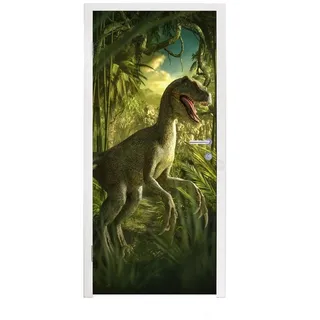 MuchoWow Türtapete Dinosaurier - Pflanzen - Grün - Illustration - Kinder - Jungen, Matt, bedruckt, (1 St), Türfolie Selbstklebend, Türtapete, Türdeko Poster, 95x235 cm bunt 95 m x 235 m