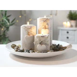 LB H&F Lilienburg Kerzentablett Kerzenhalter Kerzenständer Advent Adventsdeko Weihnachten (Dekotablett Teelichthalter Windlicht SET Holz Herz Deko Wohnzimmer Teelichttablett braun Landhaus Adventstablett RUND WU, Dekoration rund Geschenkset Kerzenteller Dekotaller), Advent Tischdeko Kerzentablett Kerzenset Teelichthalter braun