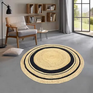 Taracarpet runder Jute Teppich Sisal Optik mit Bordüre Kurzflor Boho modern für Wohnzimmer Schlafzimmer nachhaltig Natur-Teppich Natur-schwarz 250 cm rund