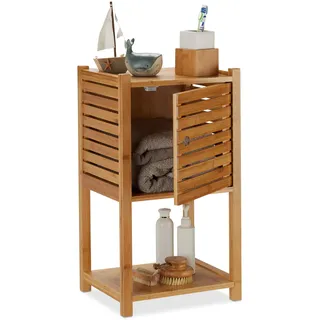 Relaxdays Badregal Bambus, 2 Ablagen & 1 Fach mit Tür, Bad & Küche, schmal, klein, Badmöbel HBT 62,5 x 35 x 29 cm,