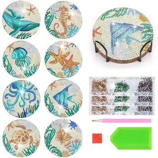 8pcs Diamond Painting Untersetzer Set mit Halter Diamant Malerei Untersetzer Mandala DIY 5D Diamond Art Untersetzer Erwachsene für Tassen Vasen Kerzen Geburtstag Einweihungsgeschenk (Meerestiere)