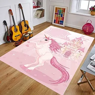 Rosa Einhorn Schloss Mädchen Prinzessin Zimmer Nachtteppich, Kurzflorige Polyester Rutschfeste Rückseite, Cartoon Kinder Teppich 120cmx170cm