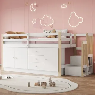 STILVORA Hochbett 90x200 Einzelbett Jugendbett, Bettgestell mit Treppe&Schubladen,Kinderbett mit Stauschränken,Großer Stauraum,ohne Matratze, weiß - Weiß