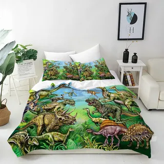 ANHOPE Dschungel Tier Dinosaurier Bettwäsche Set 3 Teilig Bettbezug 240x220 cm + 2 Kissenbezüge 80x80 cm Weich Microfaser Bettbezüge mit Reißverschluss