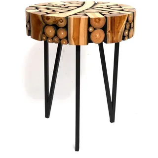 Brillibrum Teakholz Beistelltisch – Runder Couchtisch – Unikat – Handgearbeitet aus Baumscheiben – Telefontisch – Teak Holztisch Dreibein – 55x45cm (HxØ)