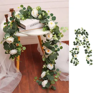 ZenyTra Künstliche Blumengirlande 180cm mit Weißen Rosen & Eukalyptus - Kunstblumen Hängepflanze für Hochzeit, Garten, Party, Hausdeko - Wetterfeste Seidenblumen Deko (Weiß, Kunstrosen)