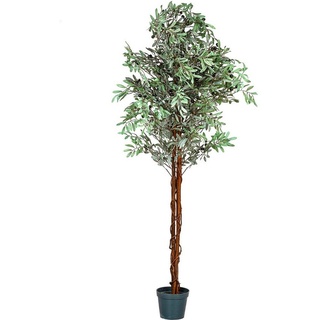 Kunstbaum Künstlicher Olivenbaum Kunstpflanze Dekobaum Olivenbaum, PLANTASIA, Höhe 180,00 cm, 180 cm, 2256 Blätter und Früchte, Echtholzstamm grün