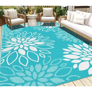 SHACOS Outdoor Teppich Wetterfest, Wendbarer Vorzeltteppich UV-Beständig, Balkon Teppich Leicht Kunststoff, für Camping Wohnmobil Garten Terrassen, Blumen Türkisgrün, 180 x 270 cm