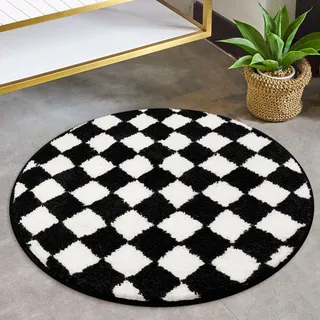 Sivilife Karierter runder Badteppich, maschinenwaschbar, schwarz und weiß, 60 cm, Badteppich für rutschfeste, wasserabsorbierende Badematte, weicher Plüsch, Retro-Kreismatte für Badewanne, Dusche