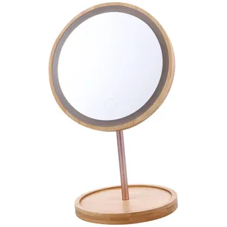 DOITOOL Led Kosmetikspiegel Holz Rund Mit Dimmbarer Beleuchtung 90° Schwenkbar Für Schreibtisch Und Schlafzimmer Tischspiegel Mit Hochauflösendem Glas