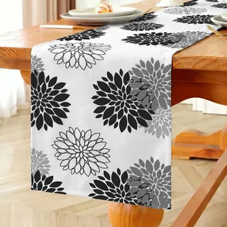 Vorysum Tischläufer Modern Blumen Schwarz Dahlien Tischläufer Wasserabweisend Leinen,Dekoration Tischdecke Outdoor Sommer Garten für Hochzeit Esszimmer Party Urlaub Dekor 33 x 120 cm