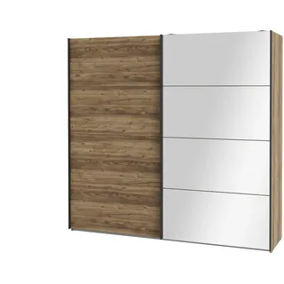 Forte HAYATO Schrank 220, Kleiderschrank mit Spiegel, Industrial Schwebetürenschrank, 2-türig, Holzwerkstoff, Alpenfichte Holzdekor/Schwarz, 220,1 cm breit x 210,5 cm hoch x 61,2 cm tief
