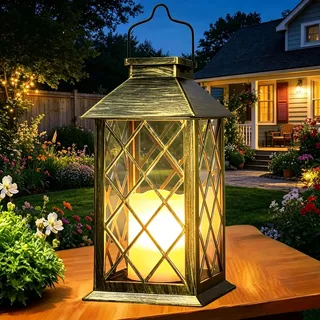 Yowin Solarlaterne für Außen 35cm Große Solarlampen Garten | Flammeneffekte Kerze, Gewalztes Glas, Hängend Solar Laternen Wasserdicht Tischlampe für Terrasse Balkon Deko - Bronze