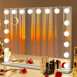 Hollywood Schminkspiegel Spiegel mit Beleuchtung, 80×60 cm, 18 LED-Lampen, 3 Lichtmodi, 10× Vergrößerung, stufenlos dimmbar, USB-Ladeanschluss, ideal für Schlafzimmer & Kosmetikbereich (18LED-80x60)