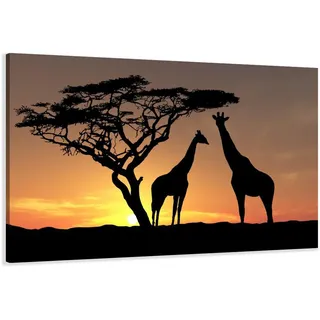 Visario Leinwandbild 120x80 cm 5034 Afrika Giraffen Sonnenuntergang Savanne Akazienbaum - Wandbild Wohnzimmer Schlafzimmer Modern - Fertig auf Holzrahmen gespannt Wanddekoration Natur Tiermotiv