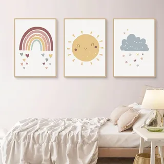 Ueiwffzo 3er Poster Set Bilder Kinderzimmer, Niedliche Regenbogen Sonne Wolken Wandbilder ohne Rahmen, Ausgezeichnete Leinwandbilder Wanddeko für Kinderzimmer Babyzimmer Spielzimmer (40 x 50 cm)