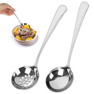 2 Stücke Schaumlöffel Und Suppenkelle Edelstahl Set, 20cm Schöpfkelle Poliert, Soßenlöffel, Schlitzlöffel zum Kochen Edelstahl, Spülmaschinengeeignet, Schöpflöffel für Servieren, Brühe und Saucen