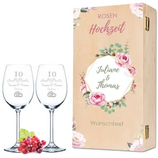 Leonardo Weingläser mit Gravur - Rosenhochzeit Design - Personalisiert mit Namen & Datum inkl. Holzkiste - Geschenk zur Hochzeit Verlobung Jahrestag Farbe Daily