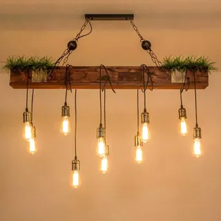 FUMIMID Industrielle Pendelleuchte Holz Hängelampe Rustikale Kronleuchter Braun Groß Holzbalken Lineare Hängeleuchte Bauernhaus Esszimmerlampe Wohnzimmer Schlafzimmer Küche Vintage Deckenleuchte