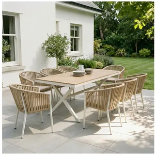 IDIMEX Garten-Essgruppe ISOLA, (9-tlg), Gartenmöbelset mit 8 Stühlen und Tisch mit Alu & Holzoptik weiß beige|weiß