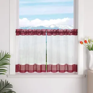 Delien Leinenoptik Scheibengardinen mit Kräuselband und Tunnelzug Halbtransparente Bistrogardinen für Küchenfenster Landhaus Kurzstores 1 Stück,Rot,BxH 90x90cm